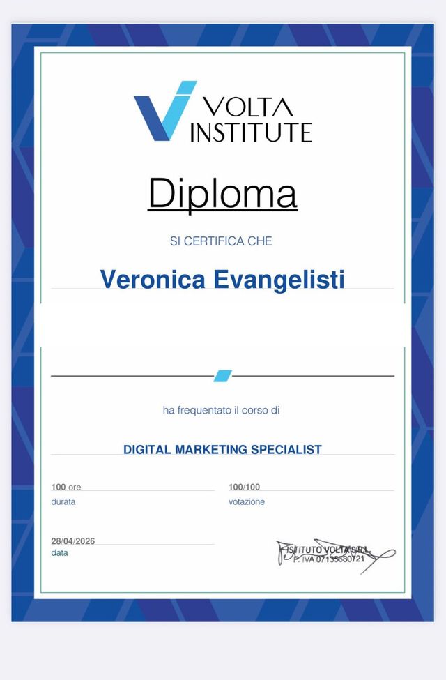 Diploma Volta Institute, Digital Marketing Specialist, votazione 100 su 100
